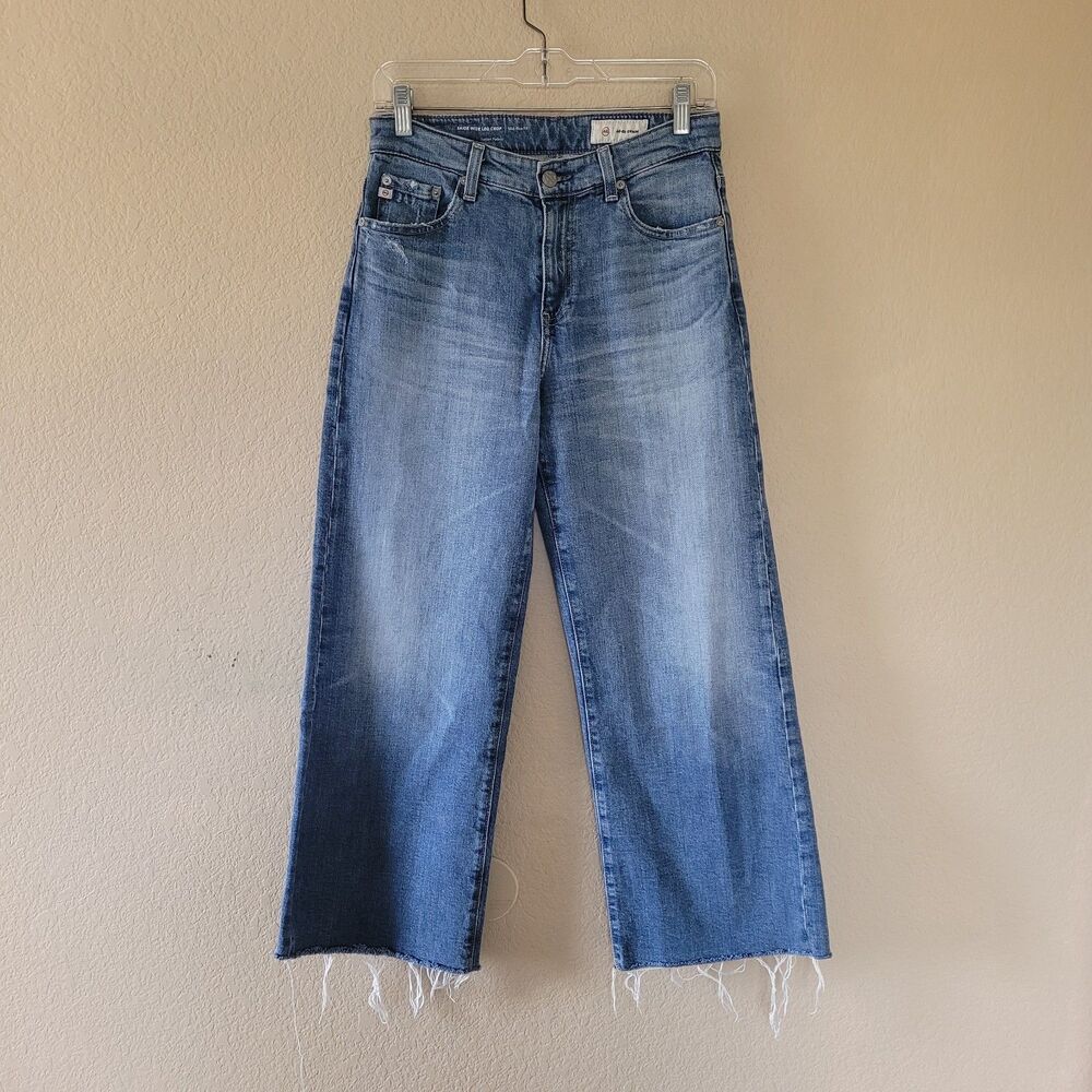 AG Adriano Goldschmied Saige Wide Leg Crop Jeans Mid Rise Blue Denim 25 Raw Hem